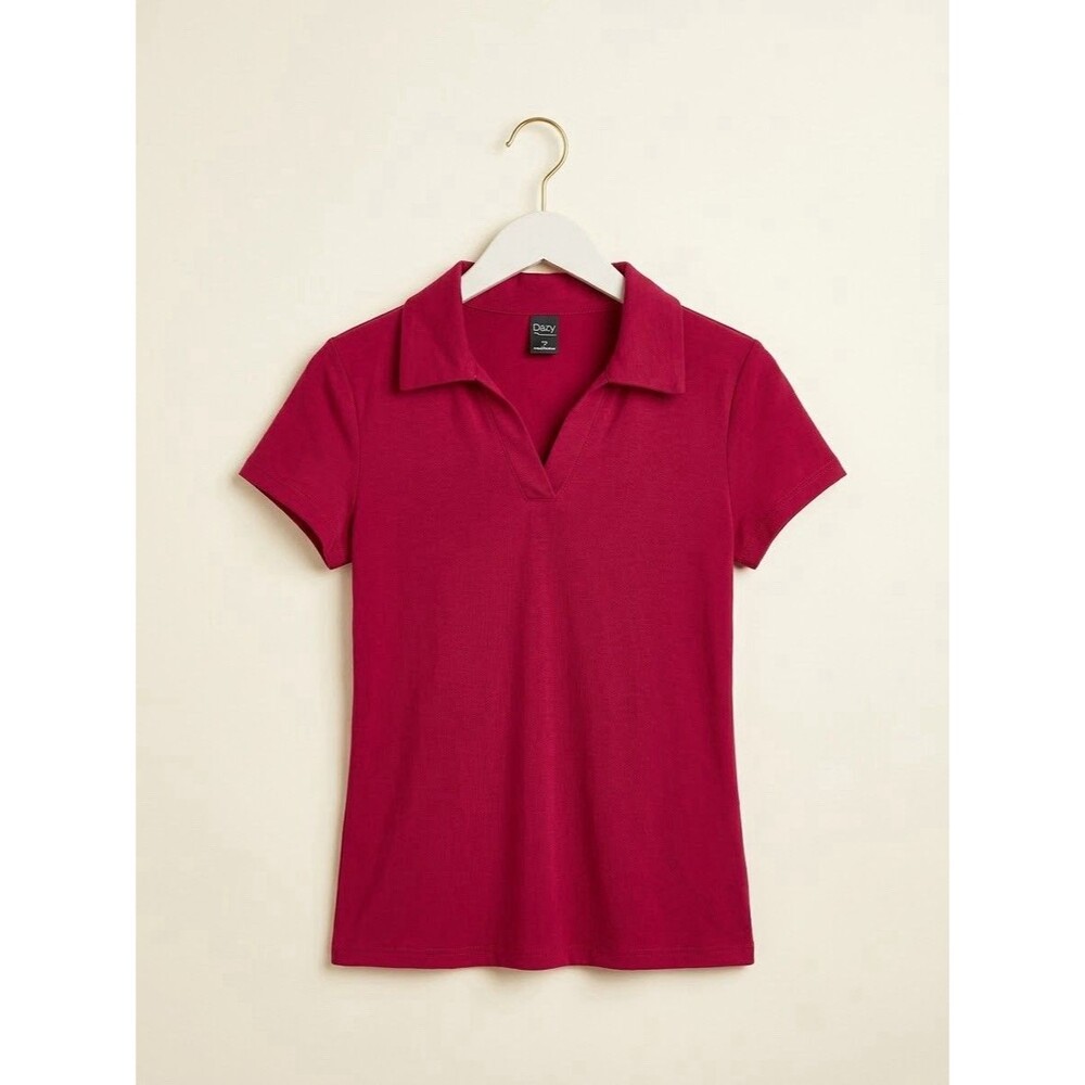 Women's Berry Magenta Ribbed Polo Shirt with Unbuttoned V-Neckline